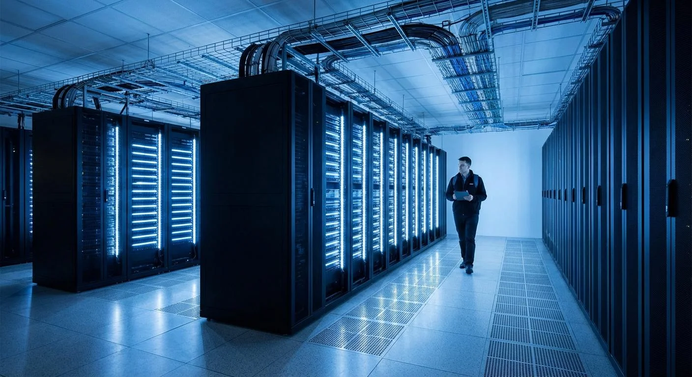 Modern data center server room with rows of server racks and overhead cable management systems