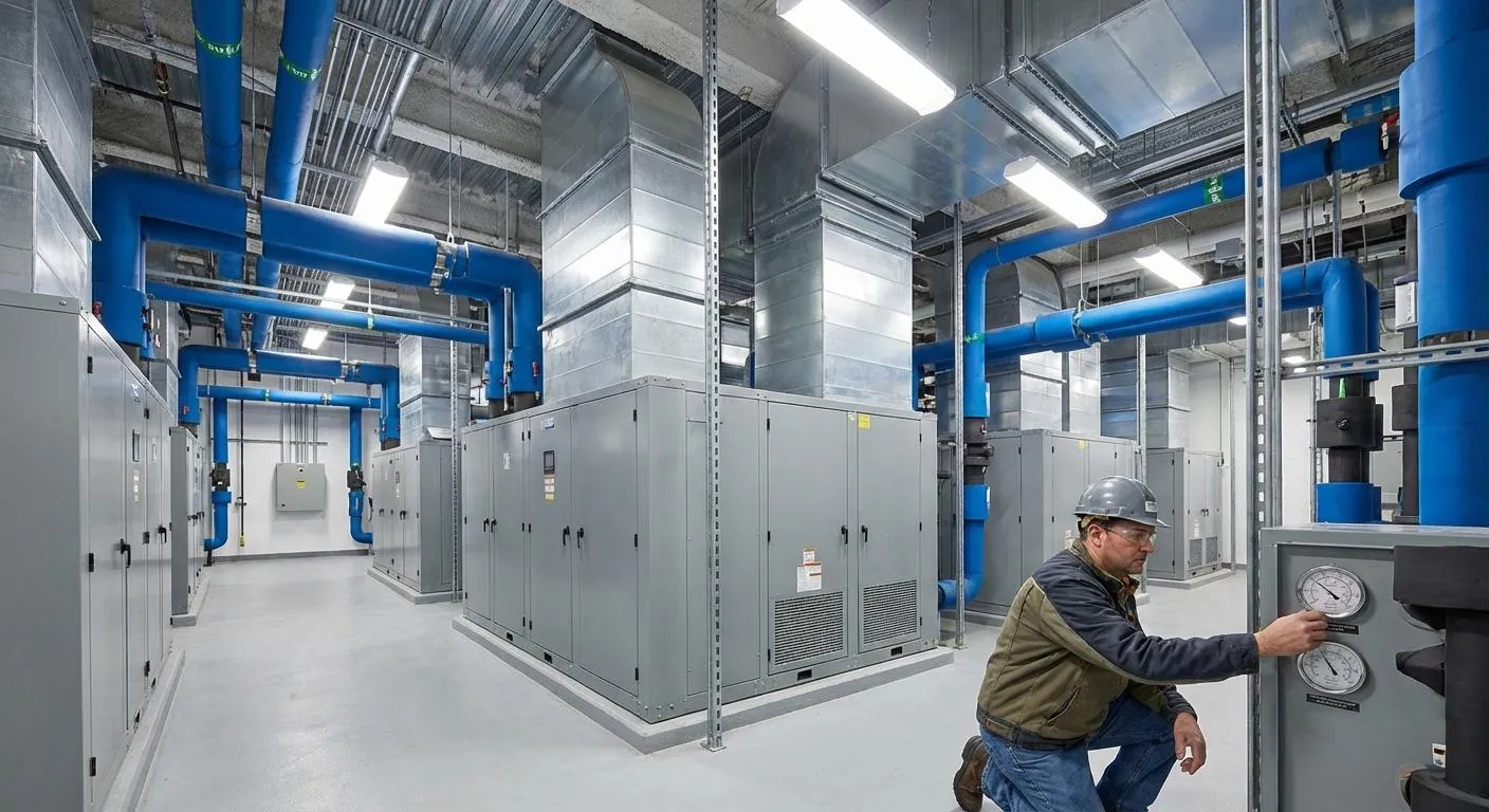 Data center cooling infrastructure with precision air conditioning units and raised floor plenum