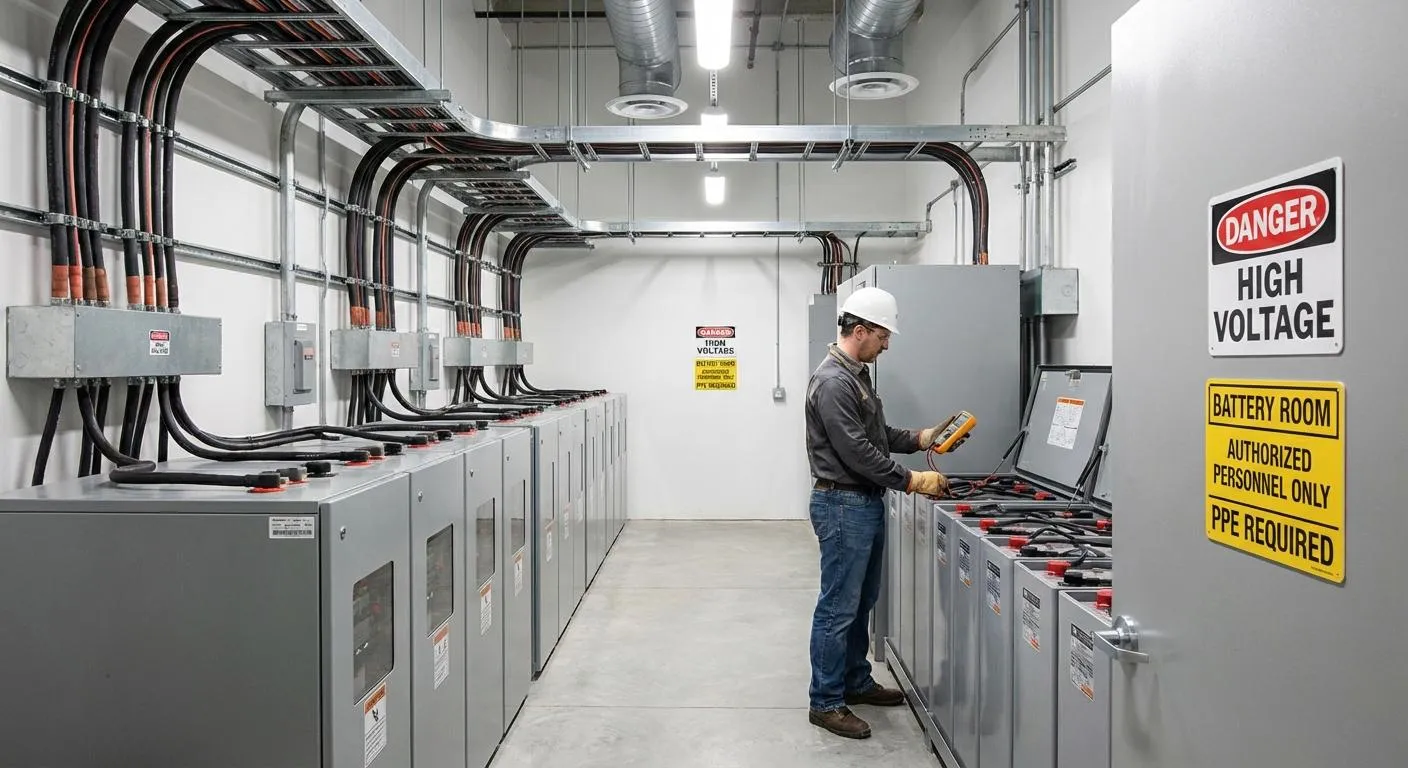 Technician inspecting UPS battery systems in a data center power room