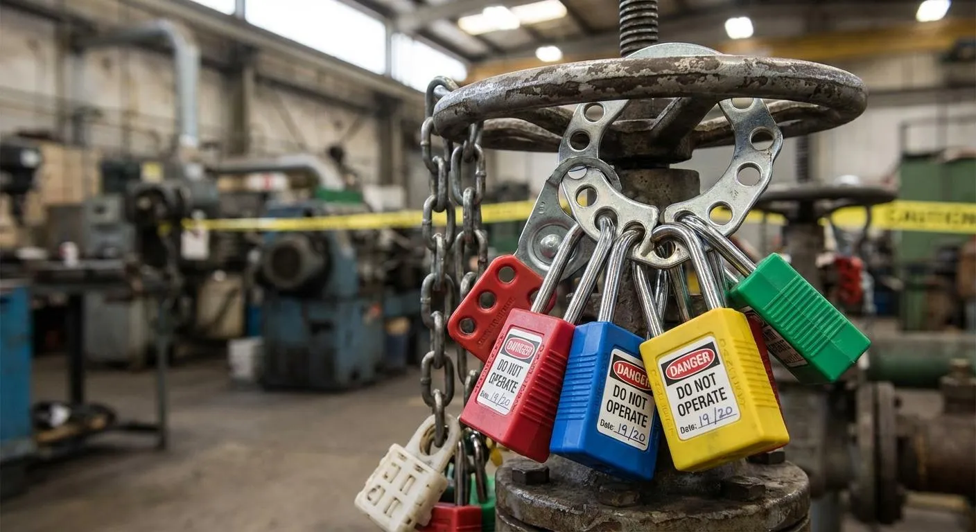 Worker applying multiple safety lockout locks and danger tags to an industrial electrical disconnect switch