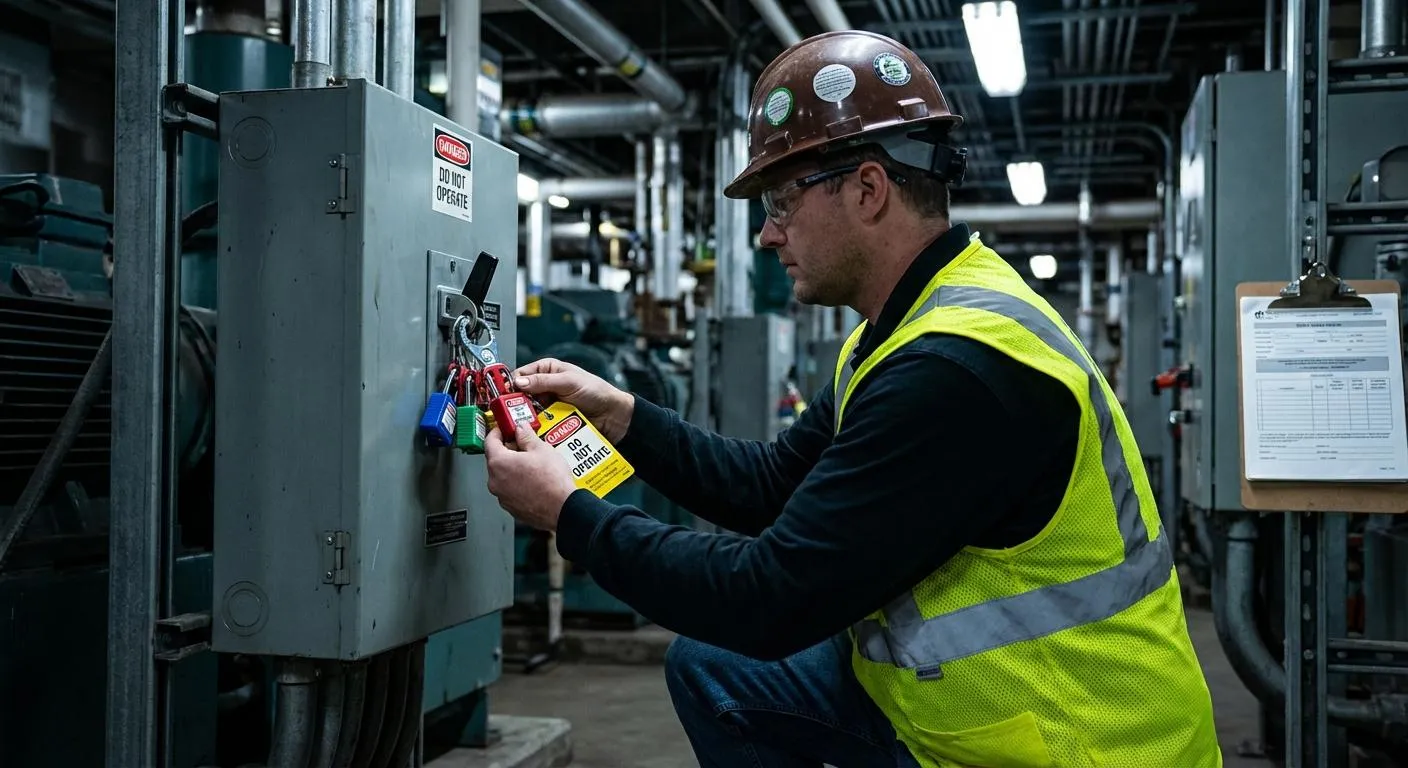 Maintenance worker applying lockout tagout safety locks and tags to an industrial electrical disconnect