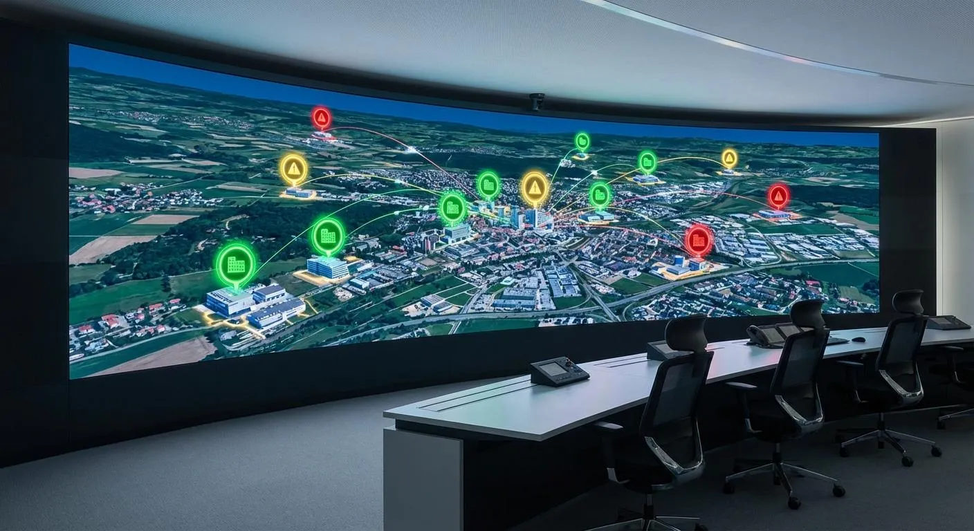 Regional operations room showing maintenance exceptions across multiple facilities