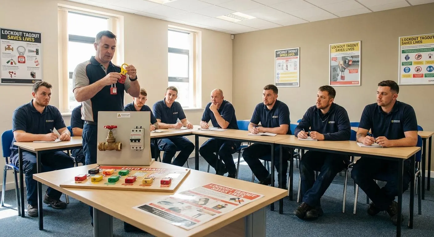 Maintenance safety training session with team reviewing LOTO procedures and equipment in a classroom
