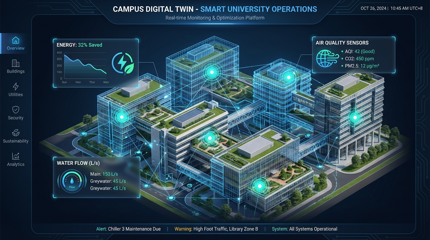Smart Campus Digital Twin dashboard with real-time IoT sensors, energy monitoring, and air quality data